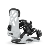 Light grey snowboard binding with lattice highback, black straps, and footbed
