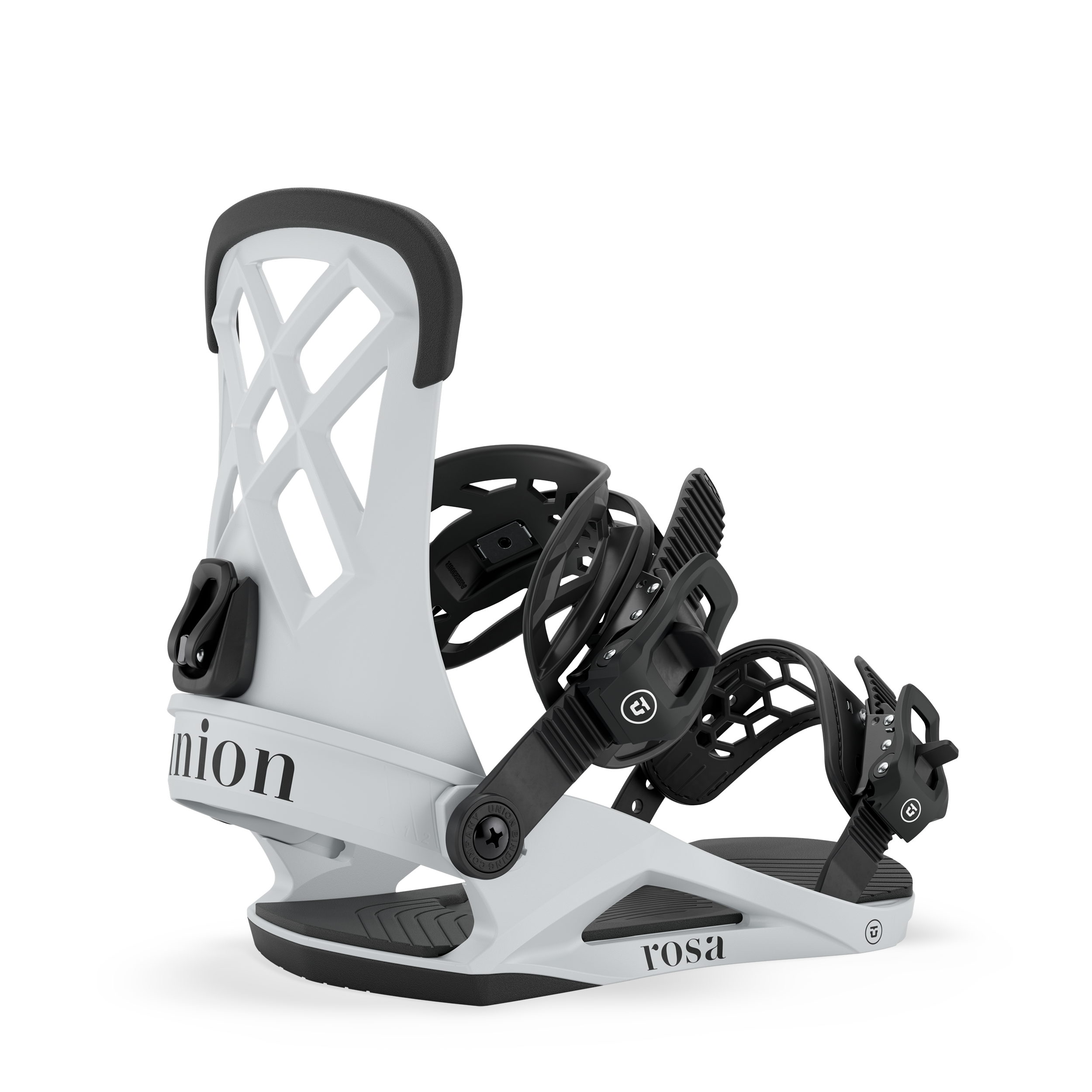 Light grey snowboard binding with lattice highback, black straps, and footbed