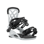 Light grey snowboard binding with heel strap and adjustable front binding hardware