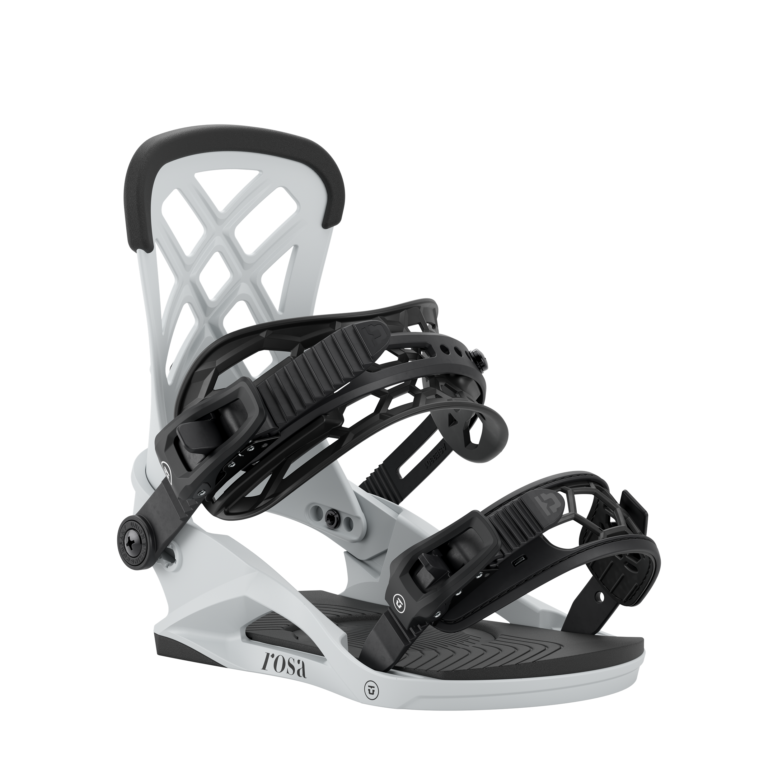 Light grey snowboard binding with heel strap and adjustable front binding hardware