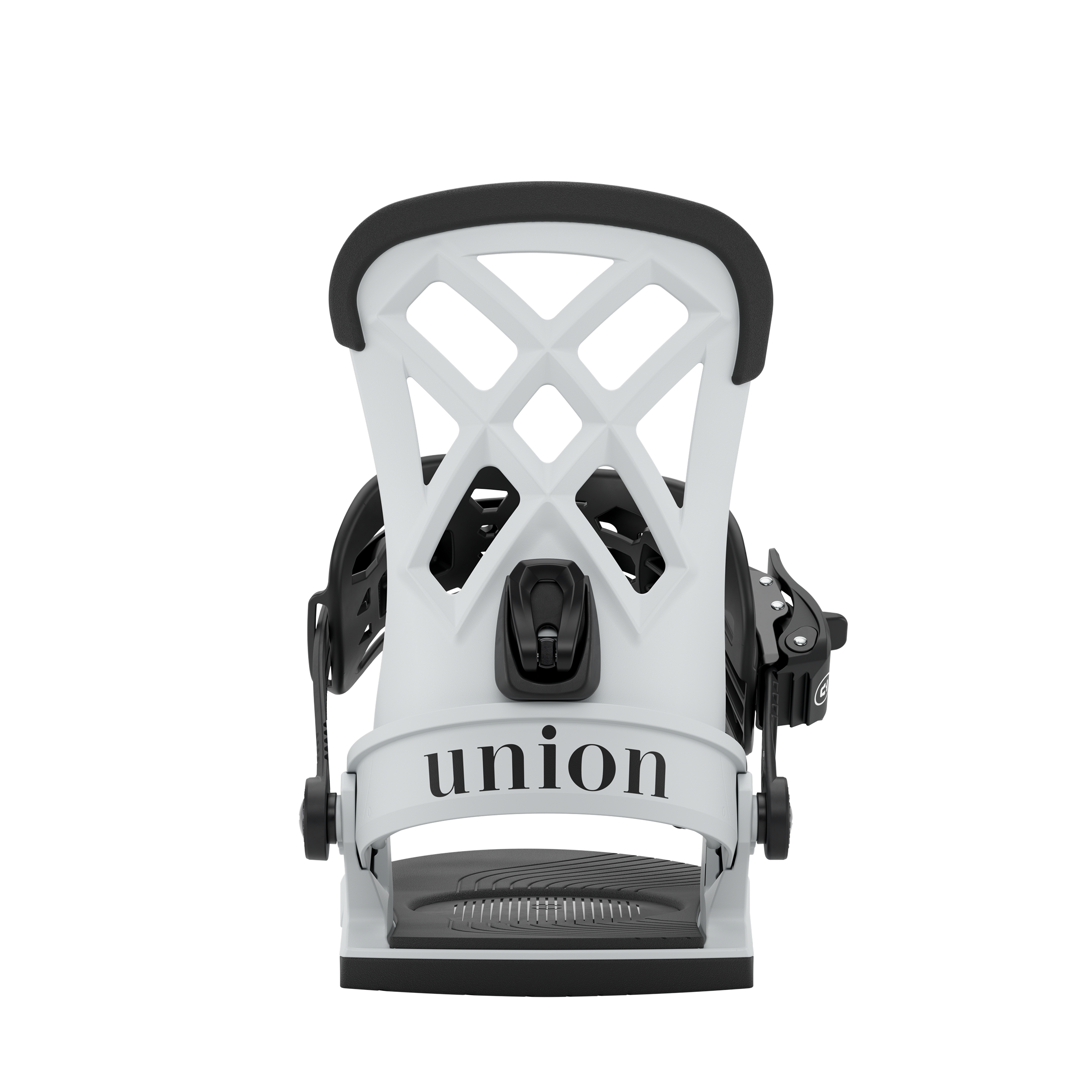 Light grey snowboard binding with lattice highback and centered front strap