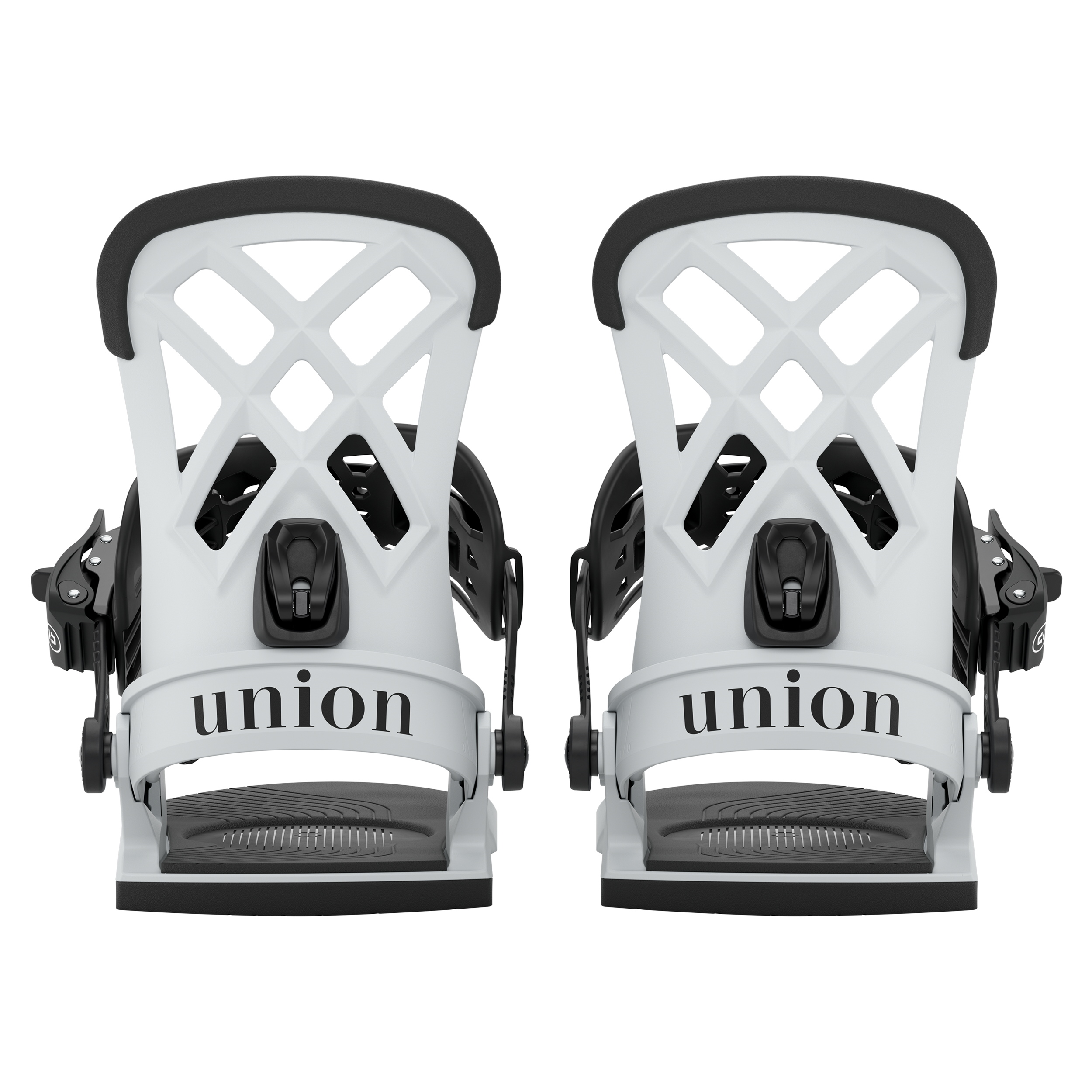Pair of light grey snowboard bindings showing highback and front strap