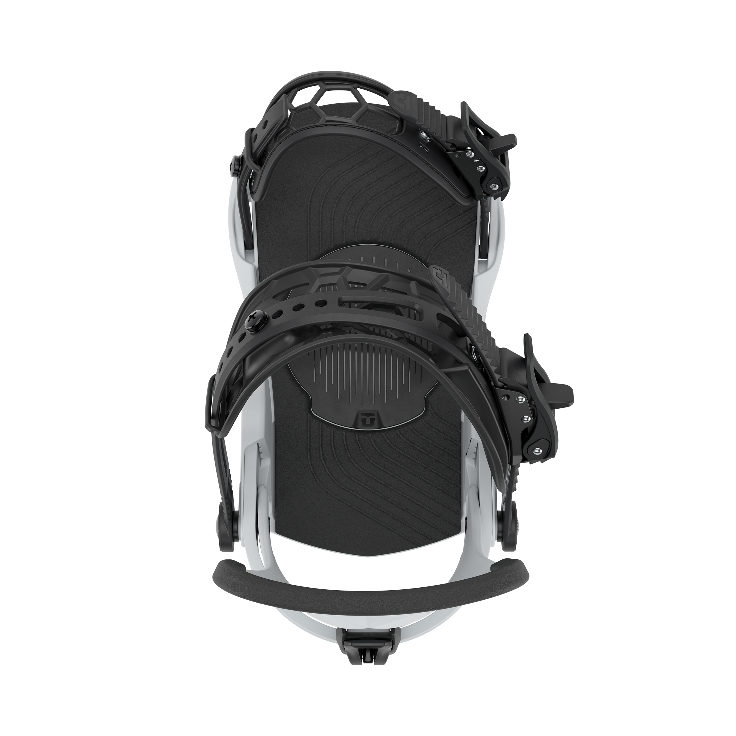 Light grey snowboard binding with rear highback and dark baseplate detail
