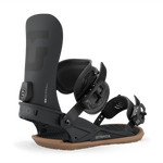 Men's snowboard binding in black, side view of highback with front strap