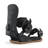 Men's snowboard binding in black, side view of highback with front strap