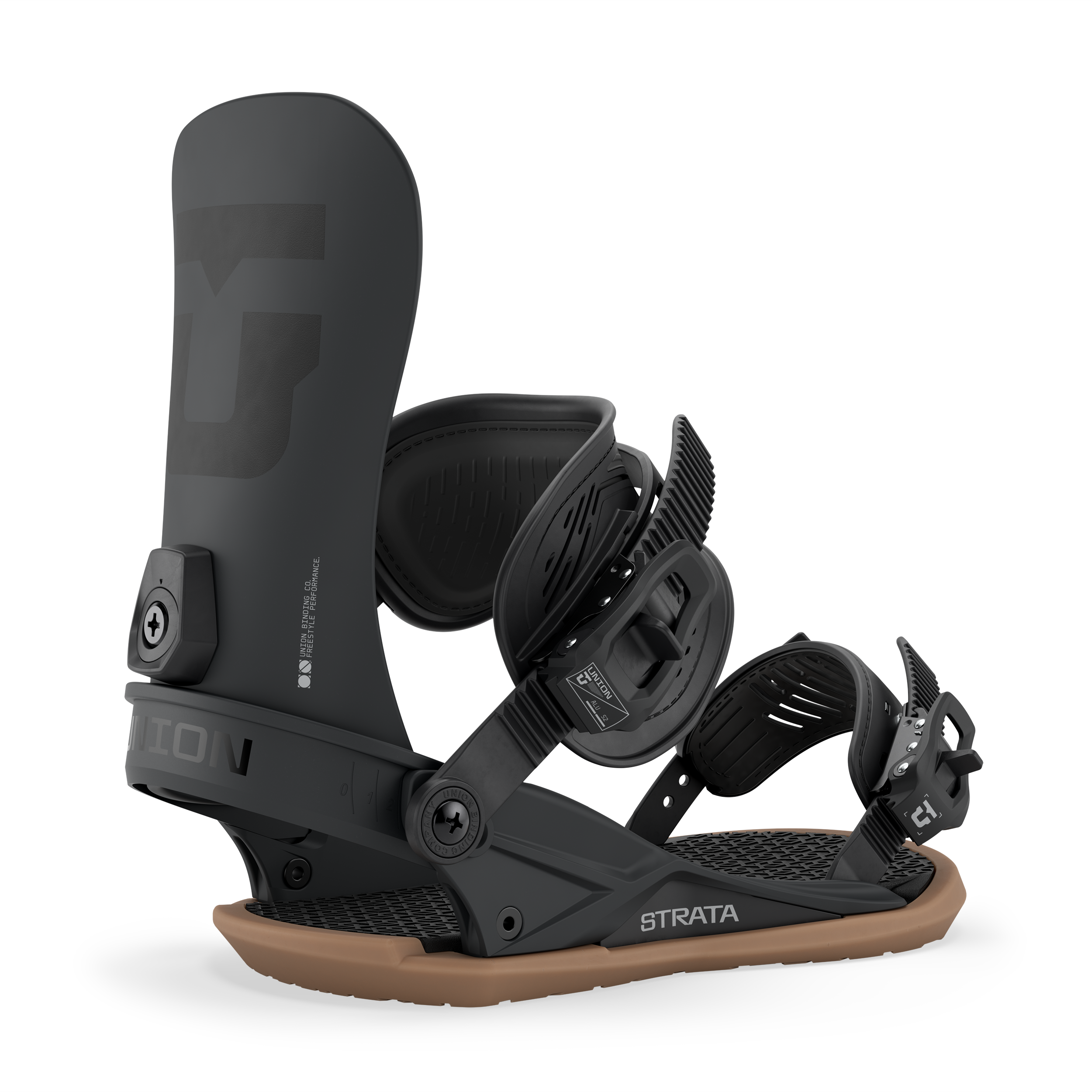 Men's snowboard binding in black, side view of highback with front strap