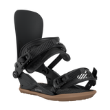 Men's snowboard binding in black, angled view of highback and toe/ankle straps