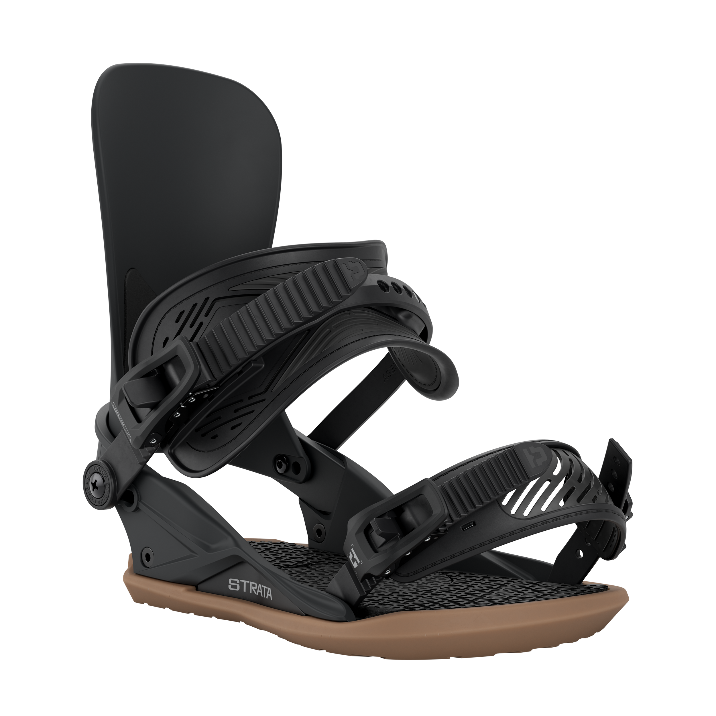 Men's snowboard binding in black, angled view of highback and toe/ankle straps