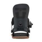 Men's snowboard binding in black, rear view of highback and ankle adjuster