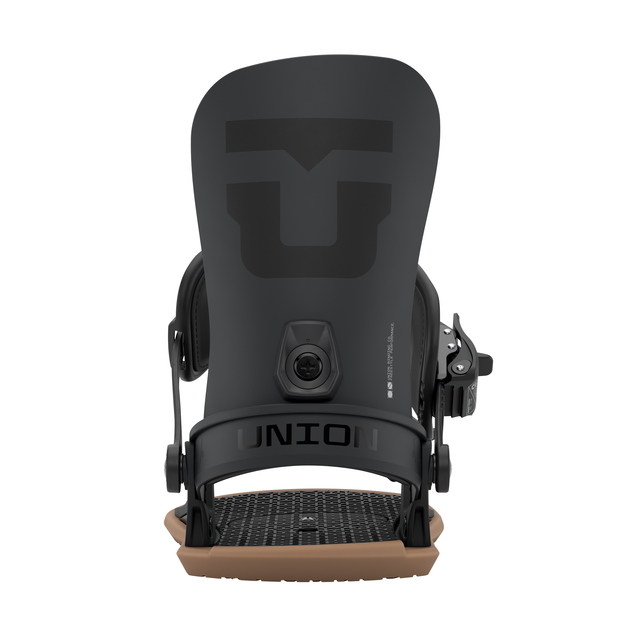 Men's snowboard binding in black, rear view of highback and ankle adjuster