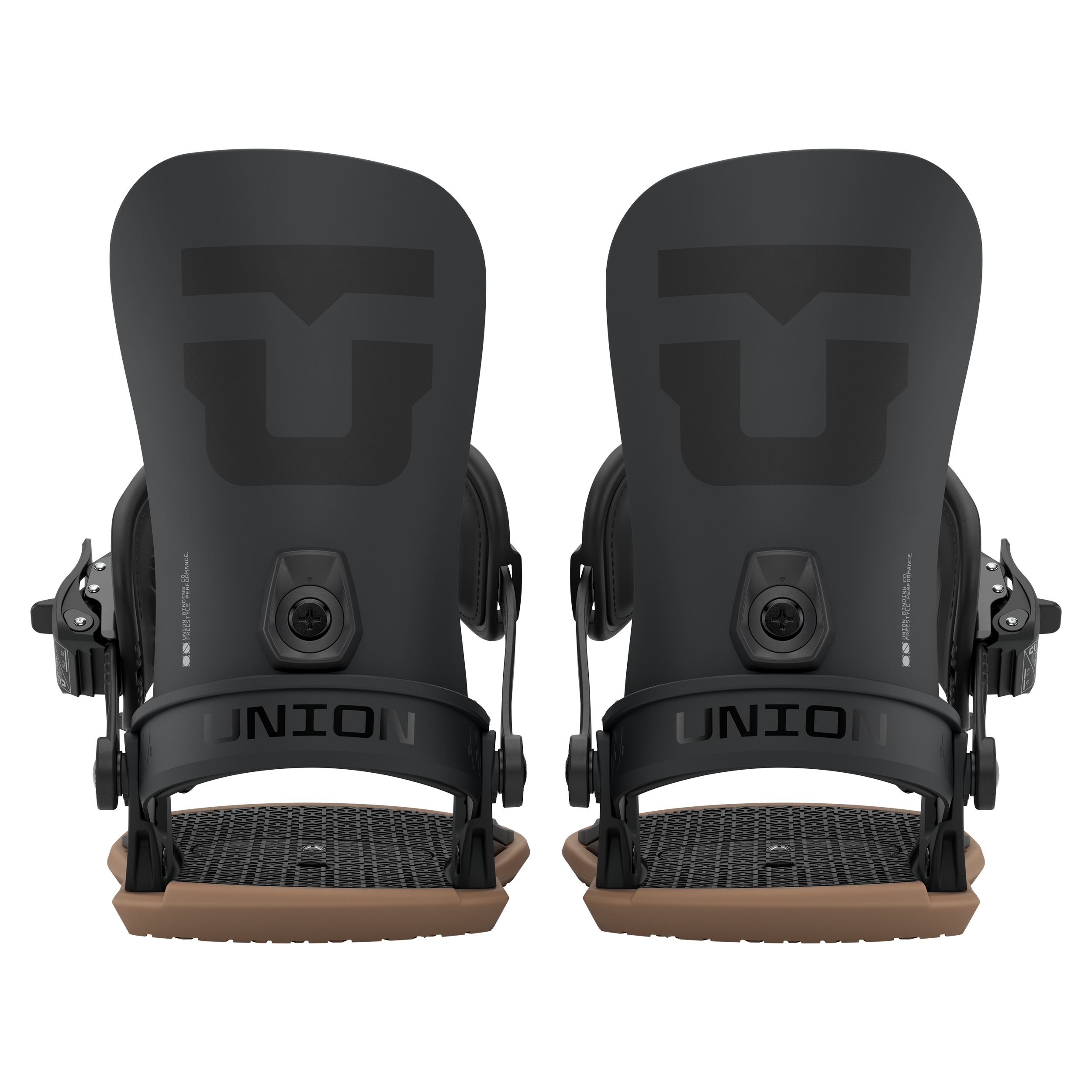 Men's snowboard bindings in black, front view of two bindings side by side