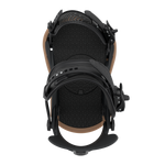 Men's snowboard binding in black, top view of footbed with strap padding