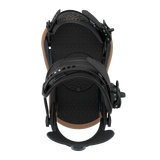 Men's snowboard binding in black, top view of footbed with strap padding