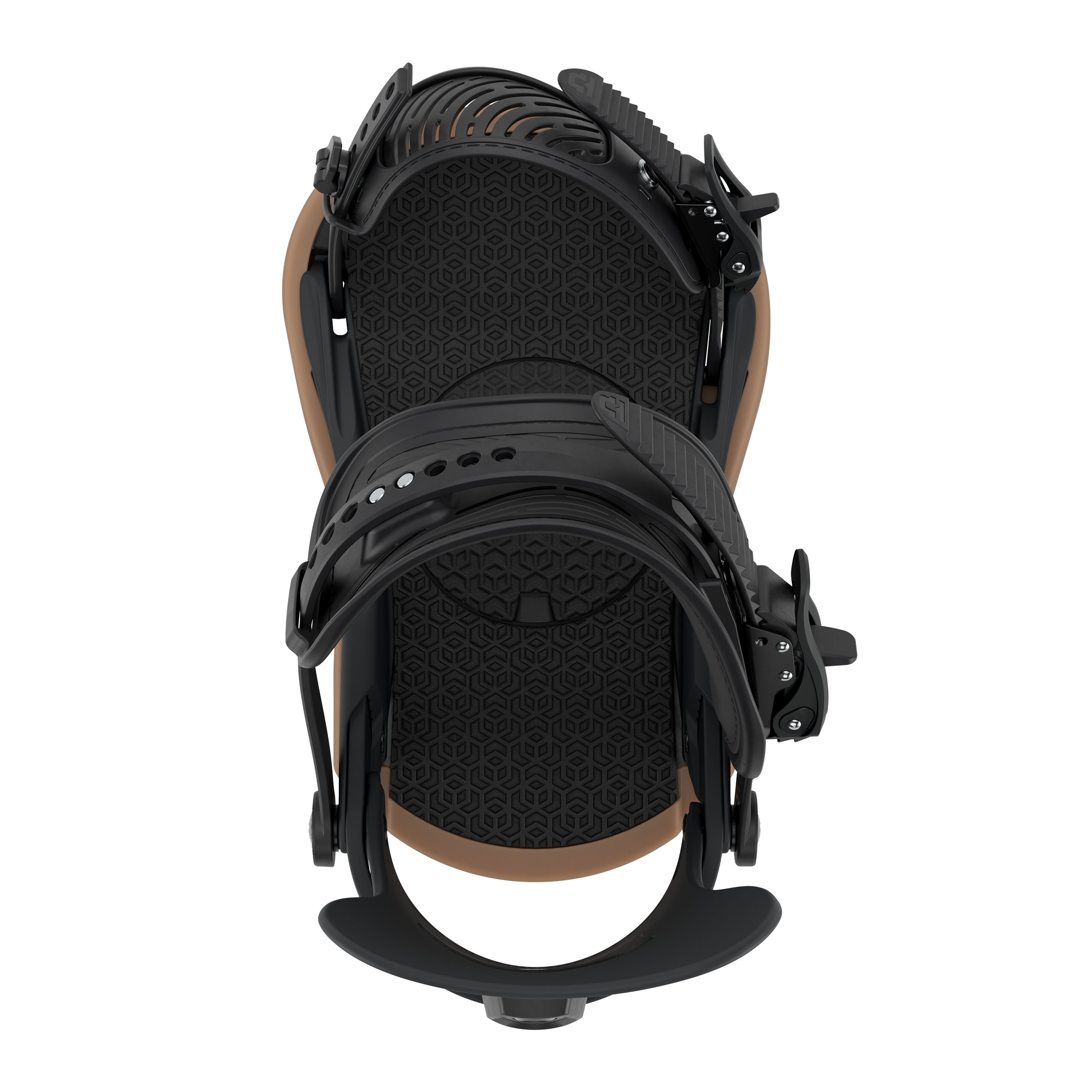 Men's snowboard binding in black, top view of footbed with strap padding
