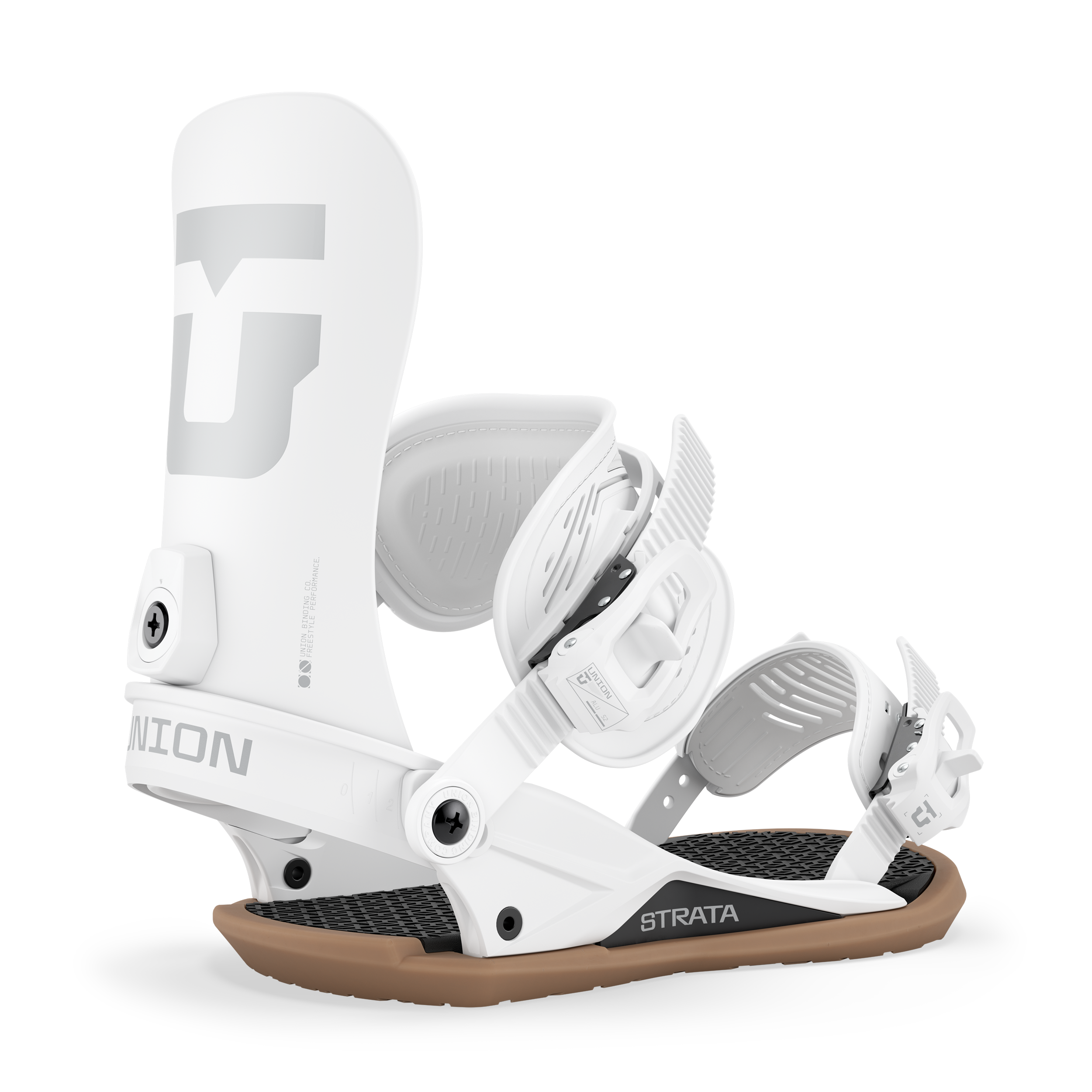 Men's snowboard binding in white, highback with front strap and ankle cuff