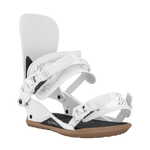 Men's snowboard binding in white, angled view of highback and foot straps