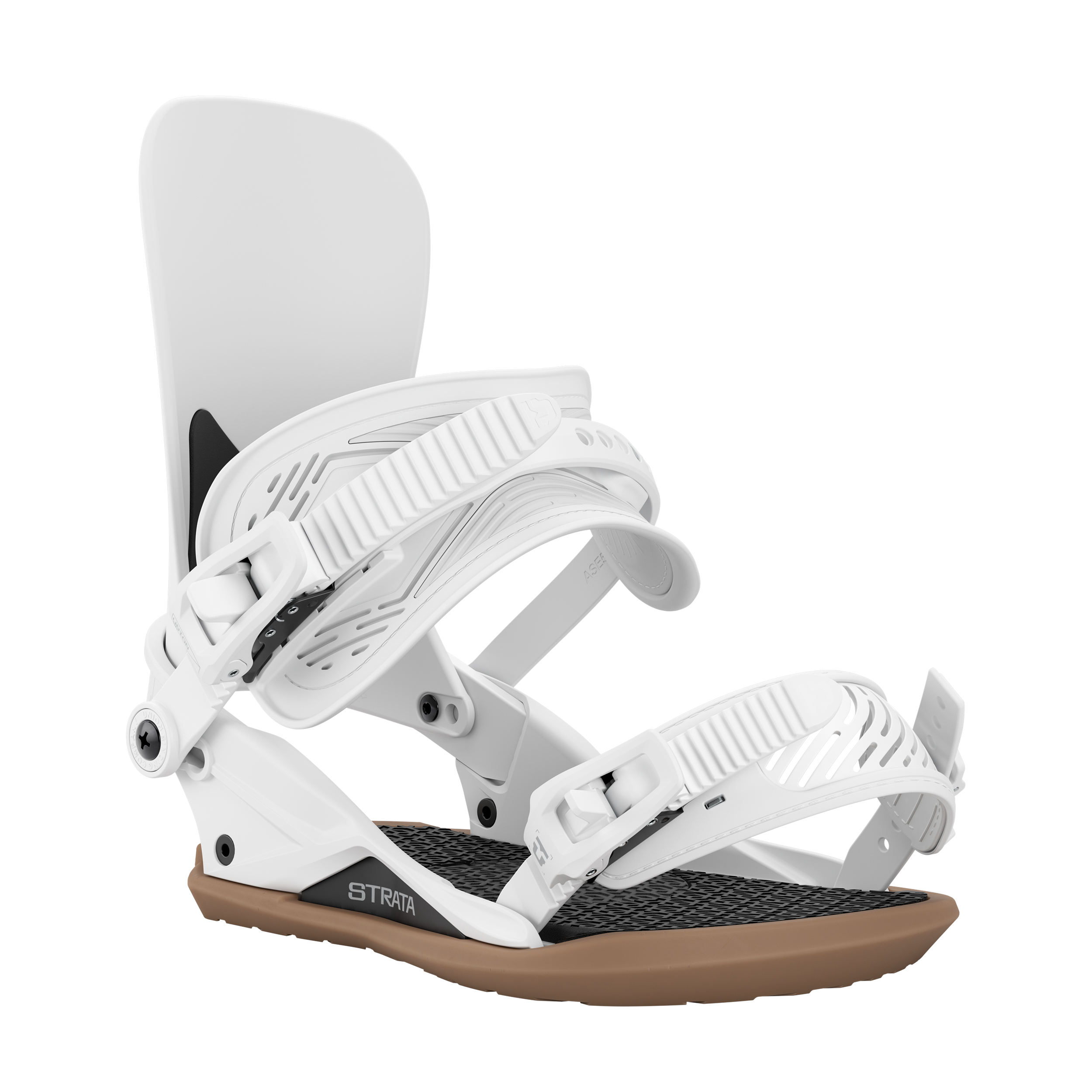 Men's snowboard binding in white, angled view of highback and foot straps