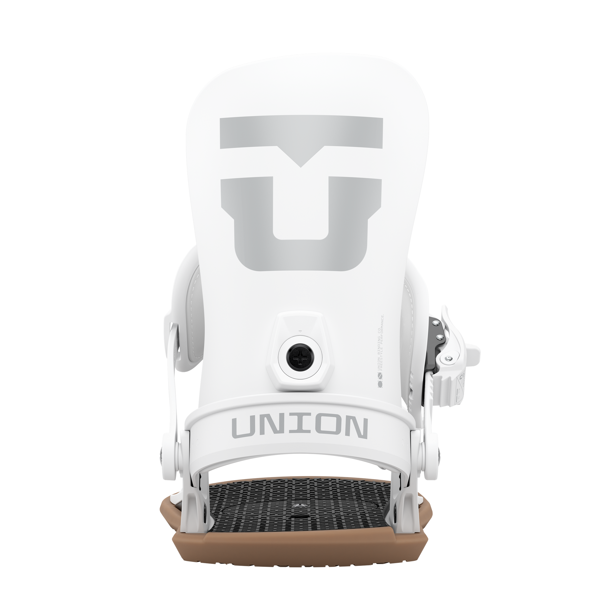 Men's snowboard binding in white, rear view of highback and ankle adjuster