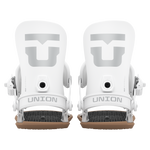 Men's snowboard bindings in white, front view of two bindings side by side