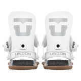 Men's snowboard bindings in white, front view of two bindings side by side