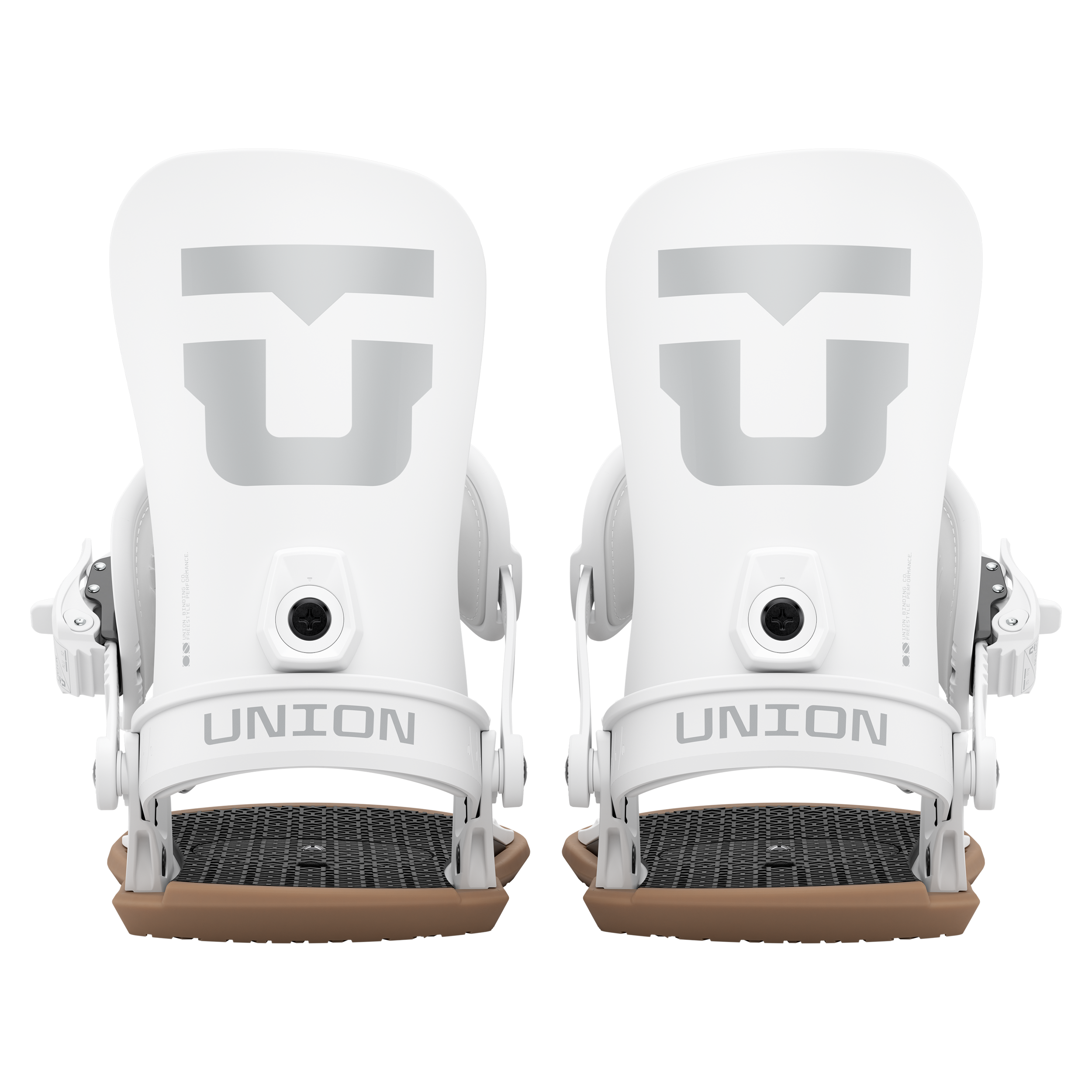Men's snowboard bindings in white, front view of two bindings side by side