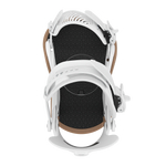 Men's snowboard binding in white, top view of footbed with strap padding