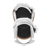 Men's snowboard binding in white, top view of footbed with strap padding