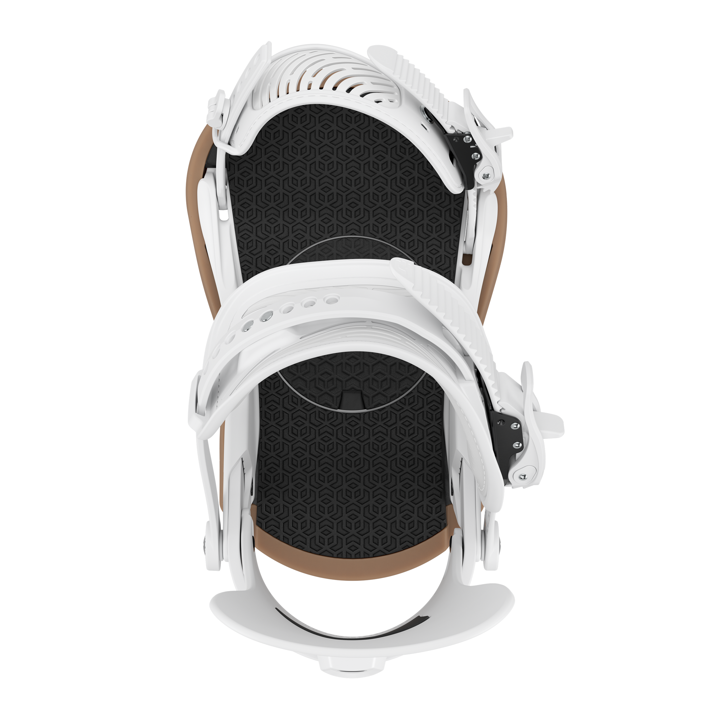 Men's snowboard binding in white, top view of footbed with strap padding