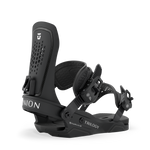 Black snowboard binding with perforated highback and curved base plate