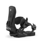 Black snowboard binding with perforated highback and curved base plate