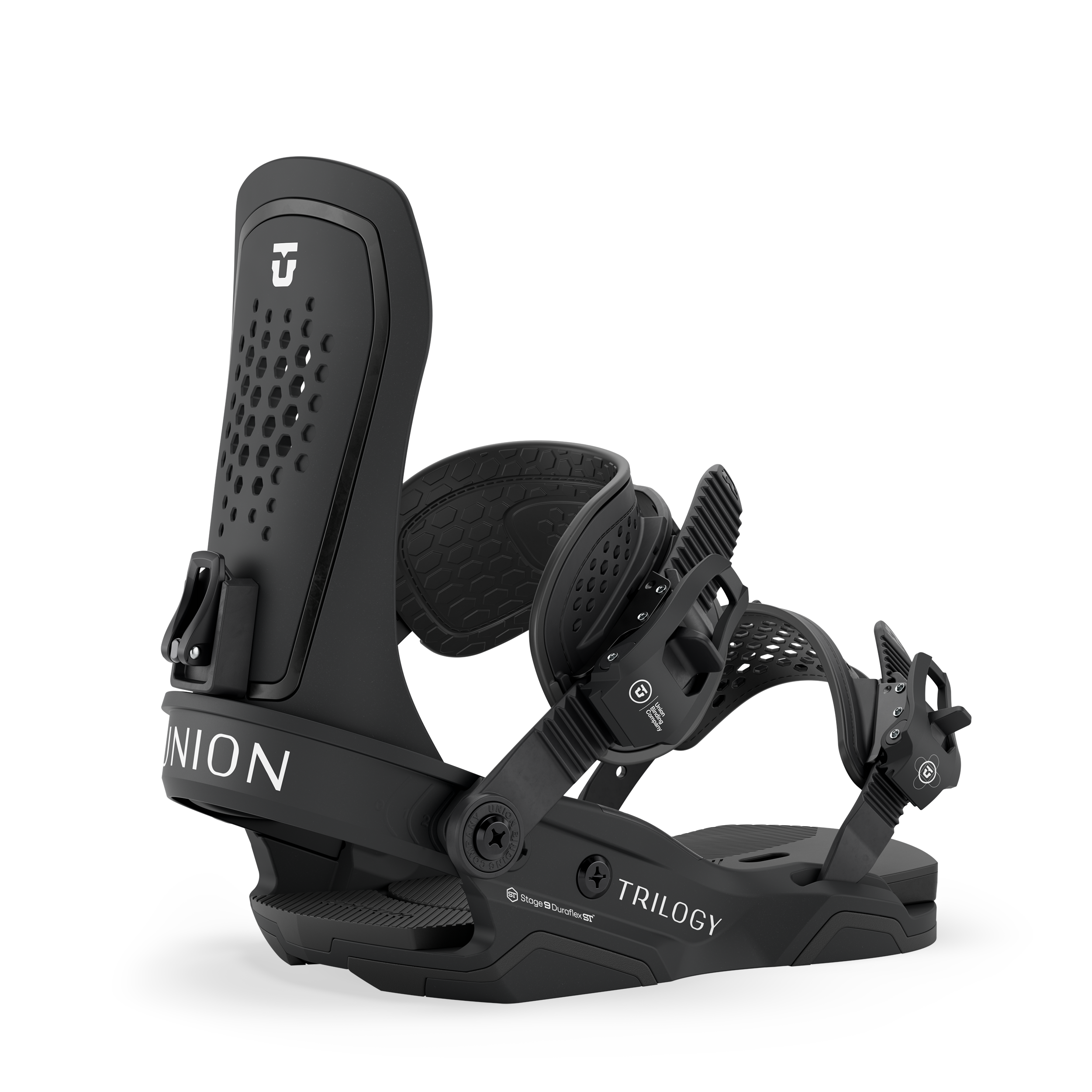 Black snowboard binding with perforated highback and curved base plate