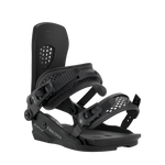 Black snowboard binding angled view with textured footpads and straps
