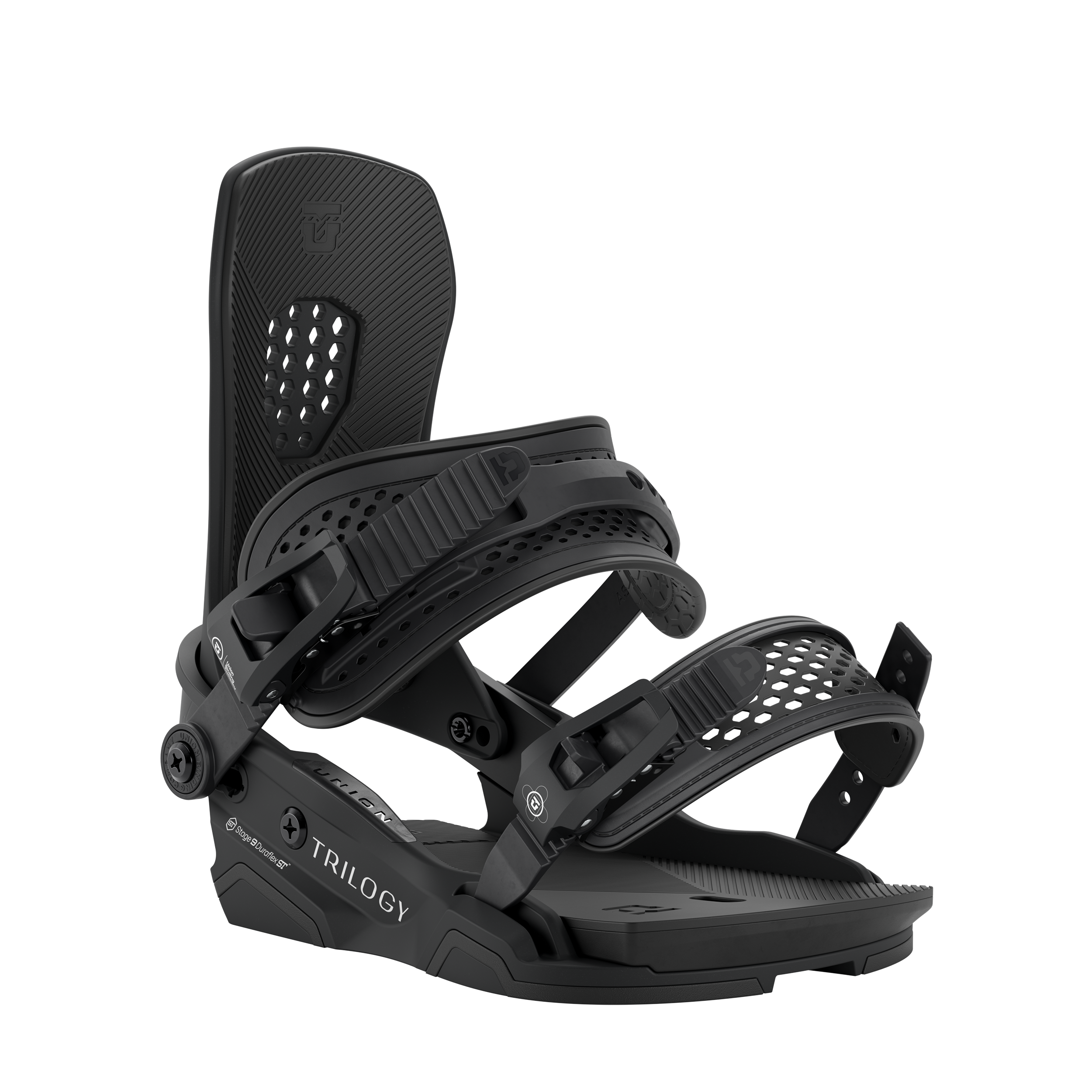 Black snowboard binding angled view with textured footpads and straps