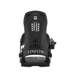 Black snowboard binding front view with perforated highback and “UNION” bar