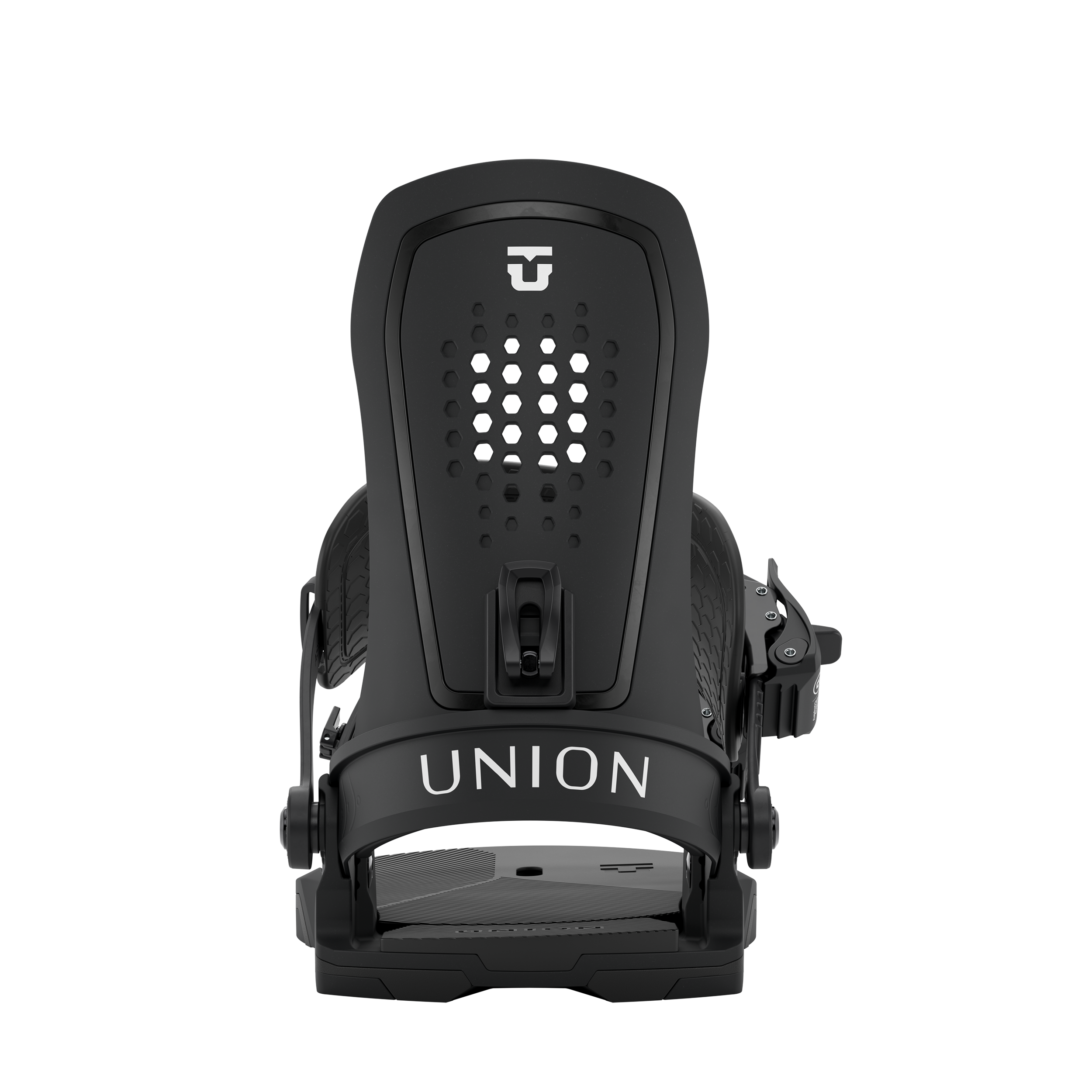 Black snowboard binding front view with perforated highback and “UNION” bar