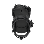 Black snowboard binding with perforated footpads and adjustable straps