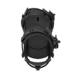 Black snowboard binding with perforated footpads and adjustable straps