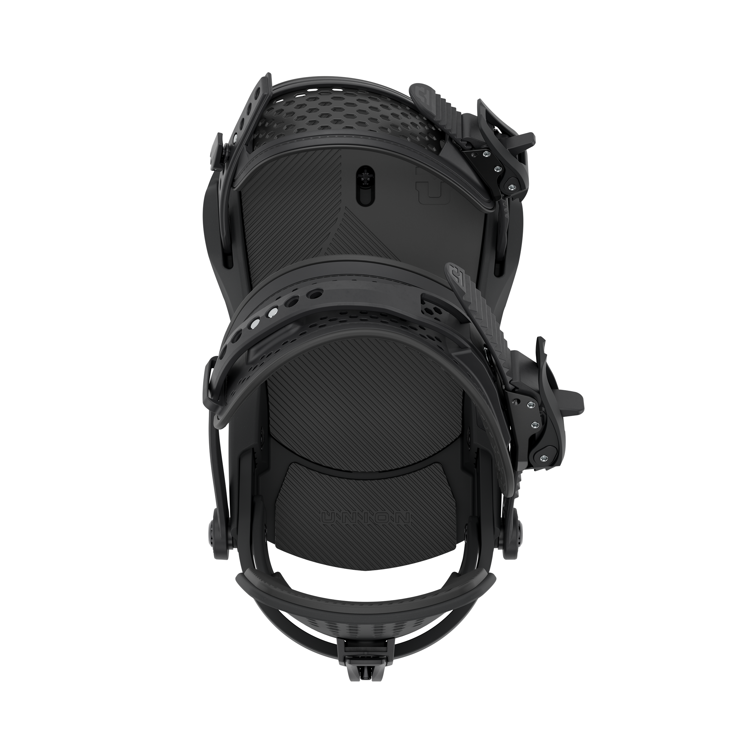 Black snowboard binding with perforated footpads and adjustable straps