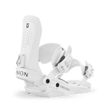 White snowboard binding with padded straps and tall highback