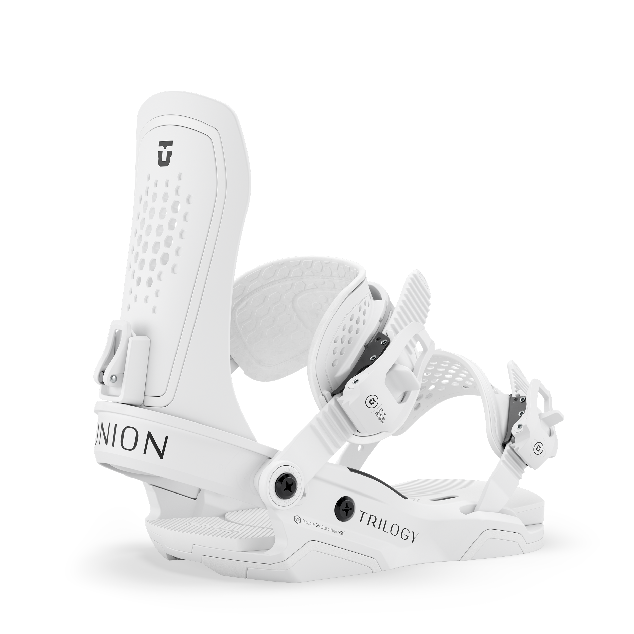 White snowboard binding with padded straps and tall highback