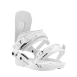 White snowboard binding angled view with detailed base and strap hardware