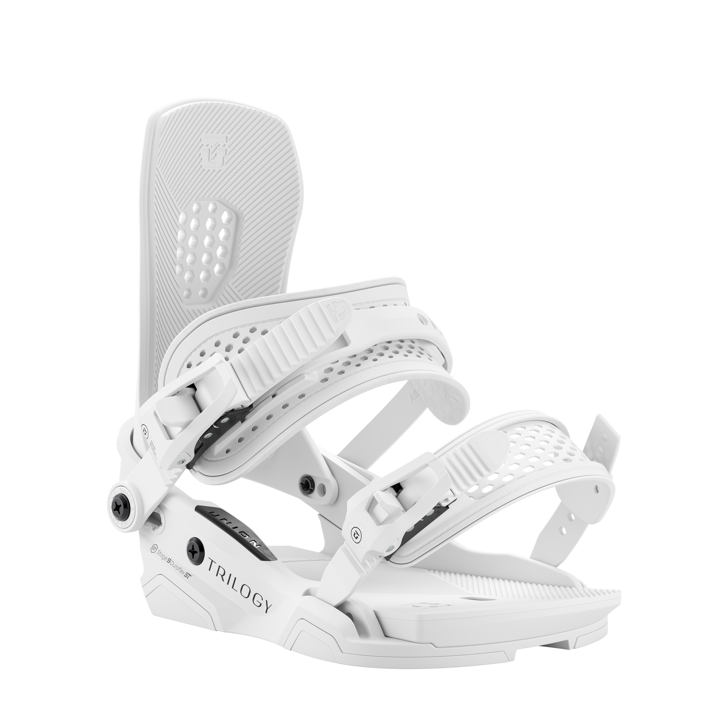 White snowboard binding angled view with detailed base and strap hardware