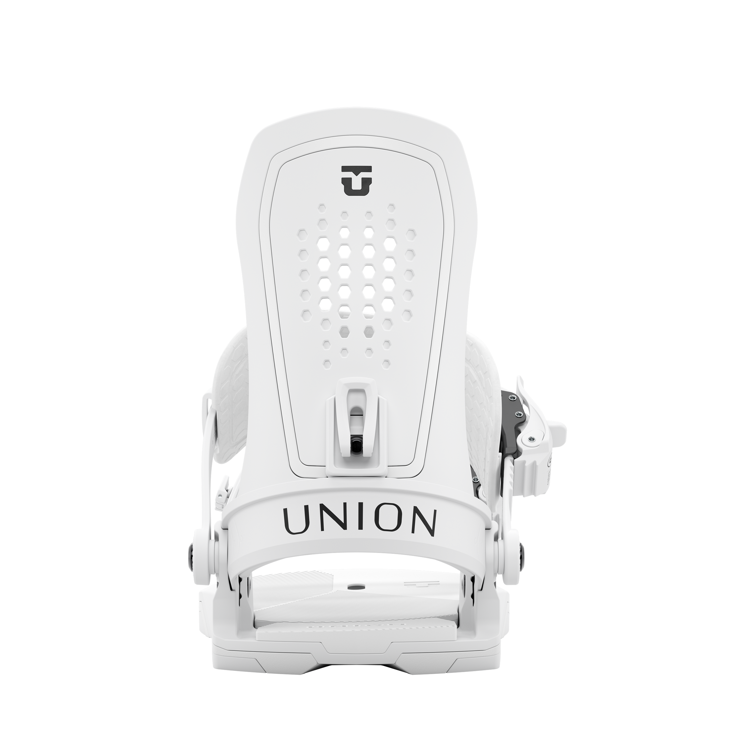 White snowboard binding front view with perforated highback panel