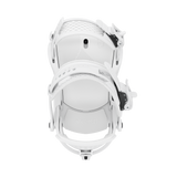 White snowboard binding with padded footbed and side strap buckles
