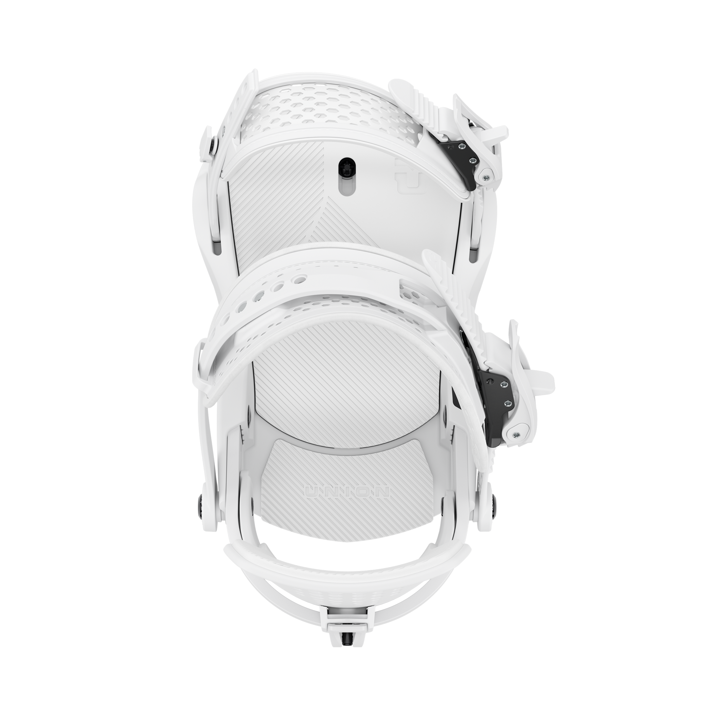 White snowboard binding with padded footbed and side strap buckles