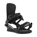 Black men's snowboard binding, side view with adjustable straps