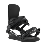 Black men's snowboard binding, side view with adjustable straps