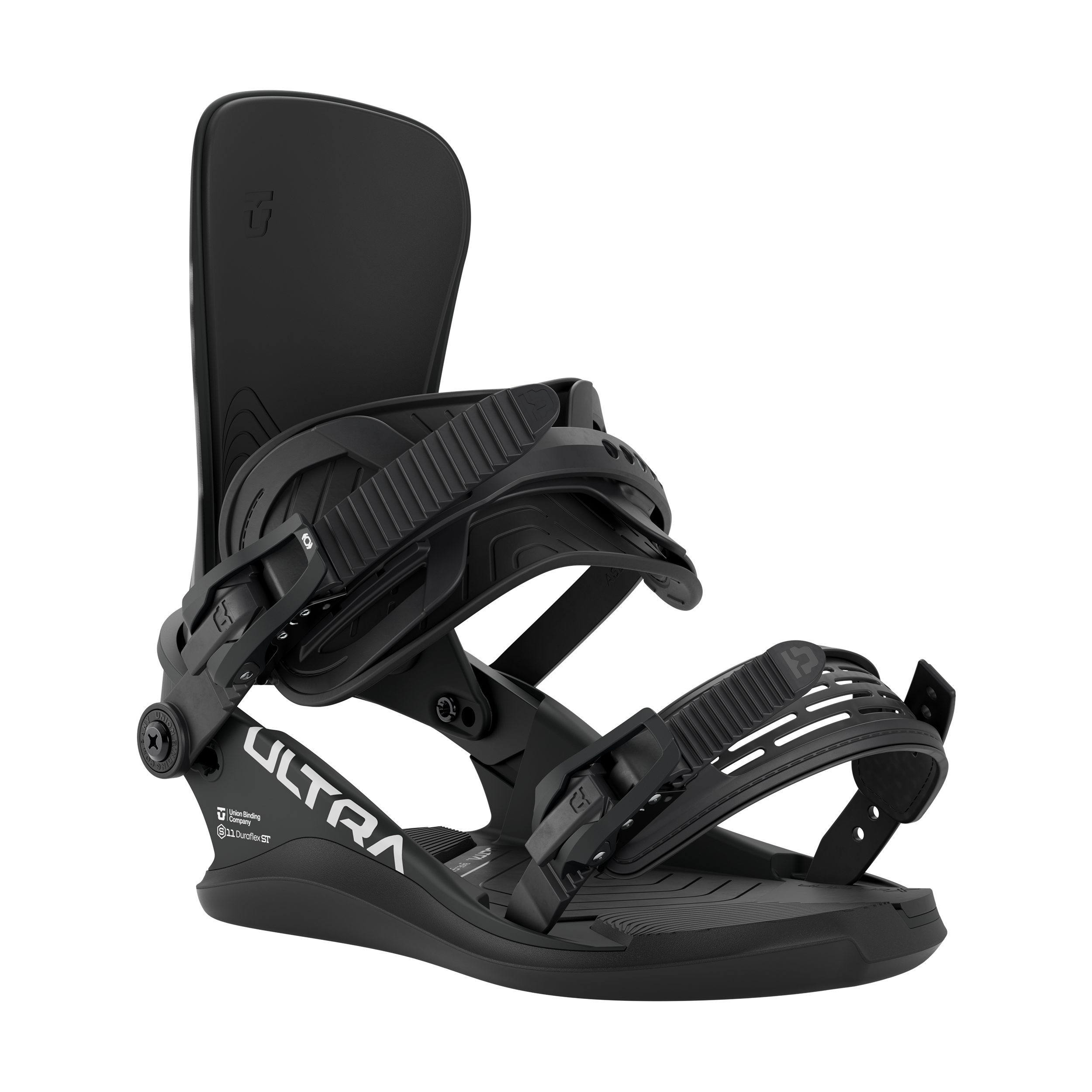 Black men's snowboard binding, side view with adjustable straps