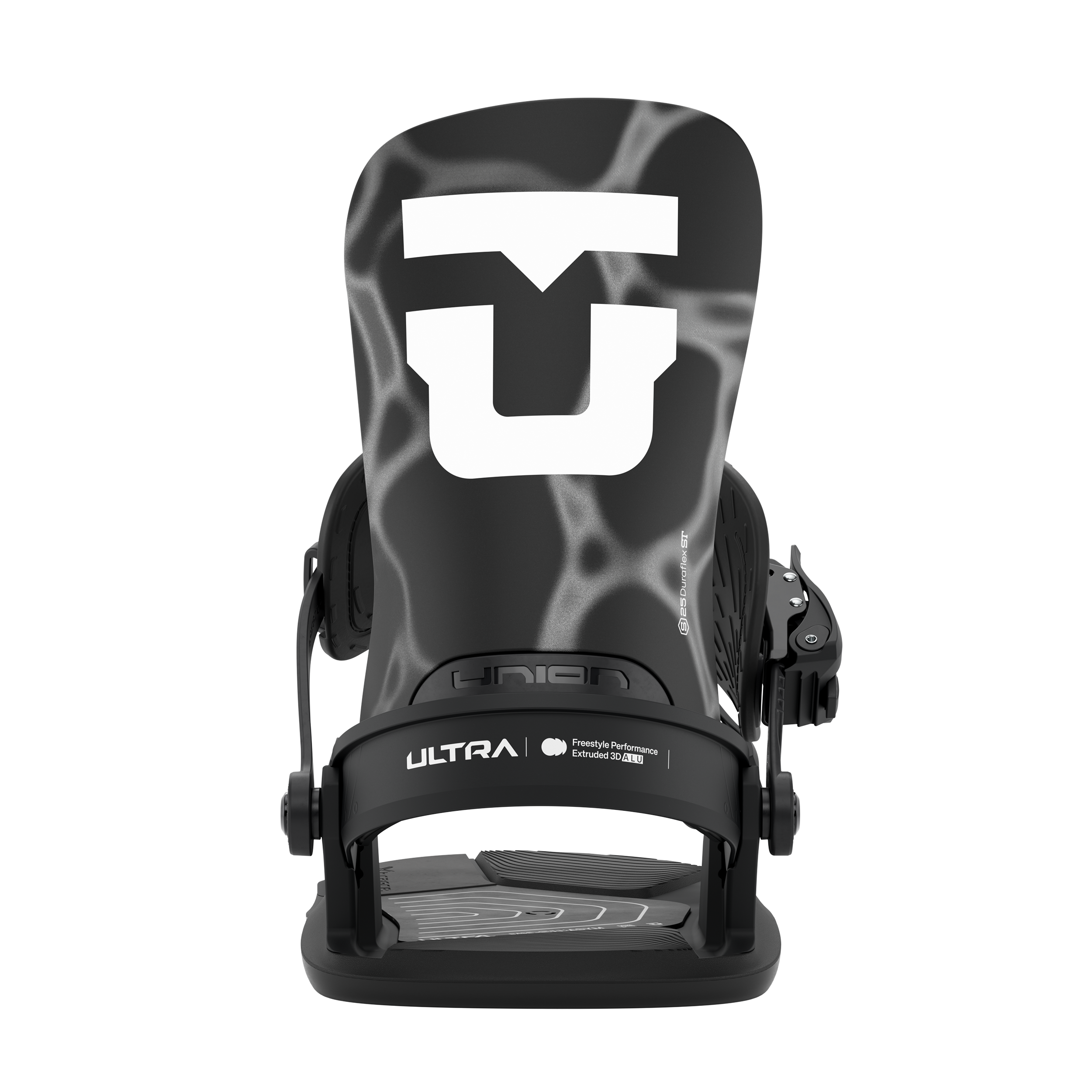 Black men's snowboard binding front view with large T-style logo