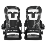 Pair of black men's snowboard bindings, front view